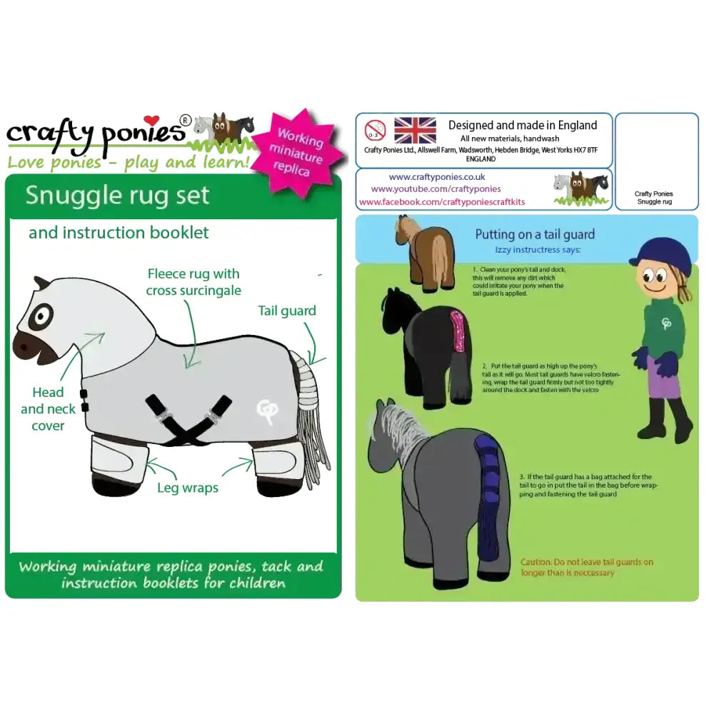 White plush pony wearing a gray and black harness-style crafty ponies snuggle fleece ponies snuggle rug