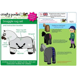 White plush pony wearing a gray and black harness-style crafty ponies snuggle fleece ponies snuggle rug