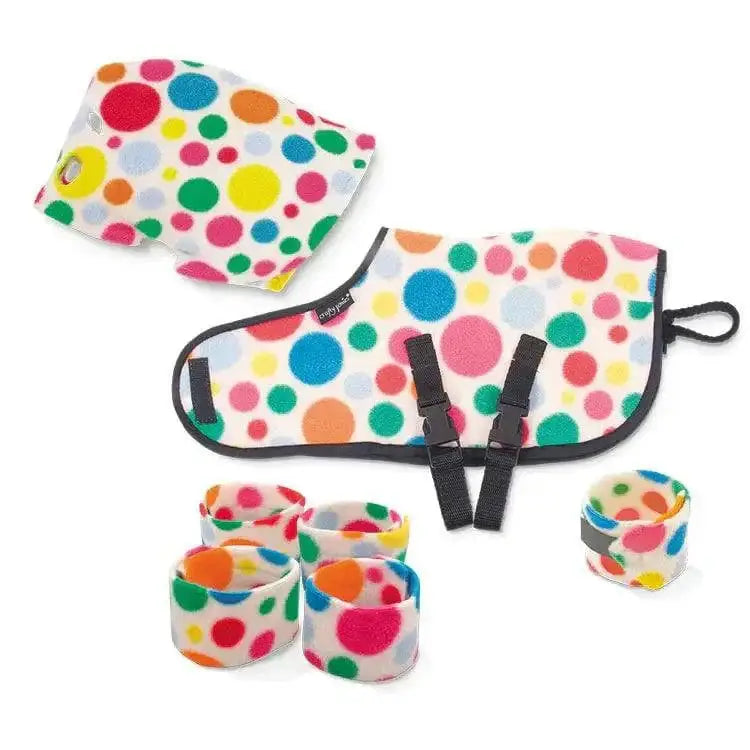 Colorful polka dot fleece baby carrier set with black straps and adjustable buckles from crafty ponies snuggle rug