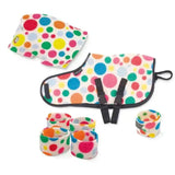 Colorful polka dot fleece baby carrier set with black straps and adjustable buckles from crafty ponies snuggle rug