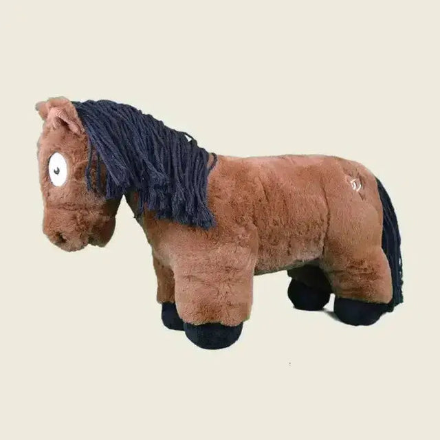 Brown plush soft toy pony with dark blue mane and tail black hooves and large white eyes from crafty ponies toy pony bay