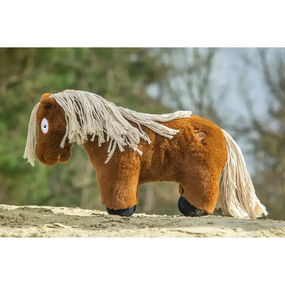 Crafty Ponies soft toy pony brown with plush fabric, long frayed white mane and tail, black hoof caps, and blue eye