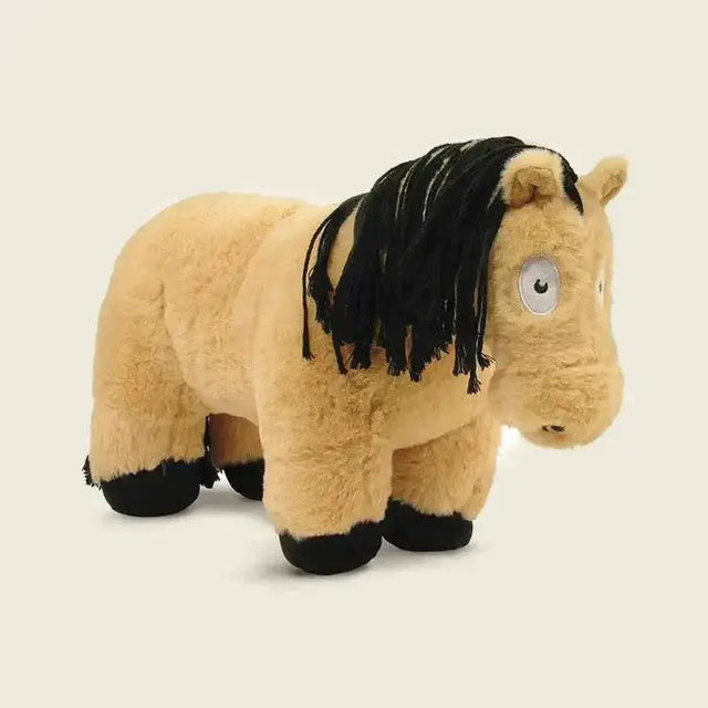 A crafty ponies soft toy pony dun in tan plush with black fringed mane hooves and a large white eye