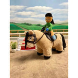 Plush crafty ponies toy pony exmoor with tan fur black mane saddle and small rider in green outfit soft toy ponies