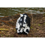 A plush black and white spotted crafty ponies soft toy pony piebald with long dark yarn hair perfect for cuddles