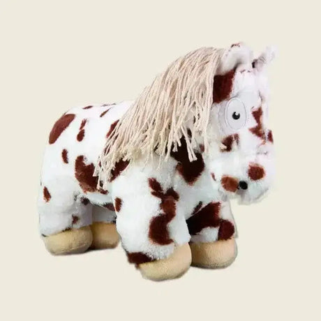 A crafty ponies soft toy pony skewbald with a white body, brown spots, beige mane, and tan hooves perfect for play