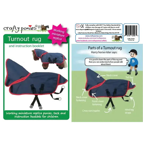 Dark blue crafty ponies turnout rug with red trim and black straps designed for miniature ponies turnout use