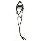 Black leather horse halter with silver metal hardware and yellow buckle from crafty ponies western tack starter set