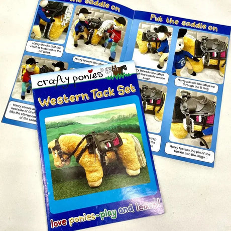 Yellow plush pony wearing a black and red crafty ponies western saddle from ponies western tack starter set