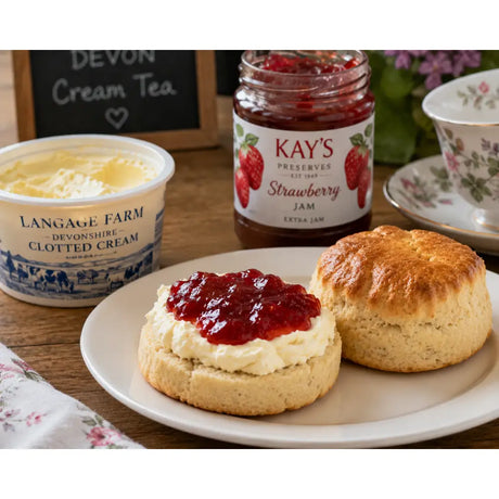 A golden-brown scone split open topped with creamy white clotted cream and red strawberry jam for cream tea