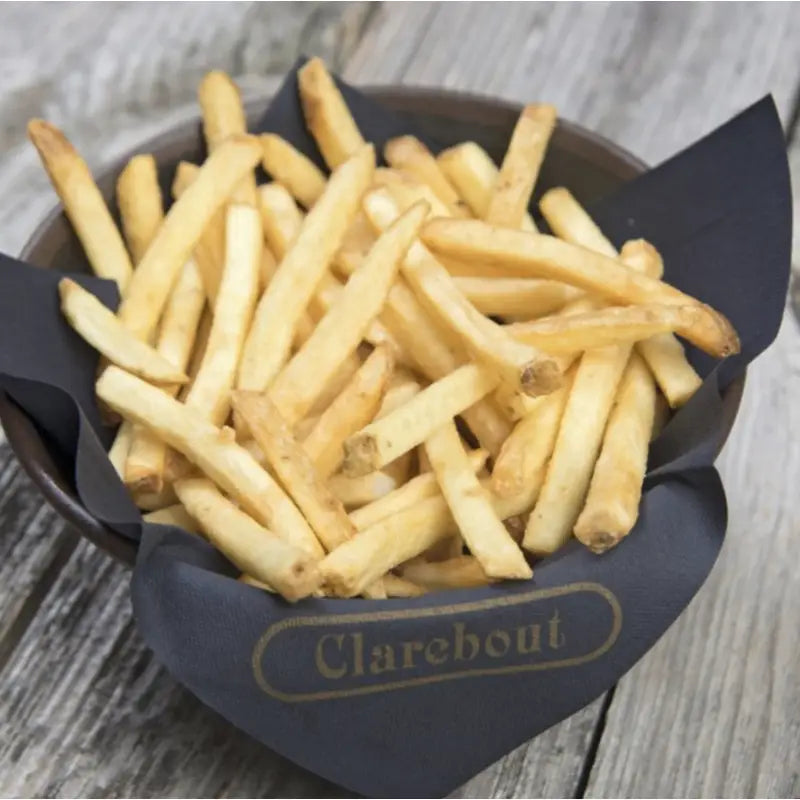 Golden crispy coated skin on chips served in a dark blue paper-lined bowl with the clarebout logo