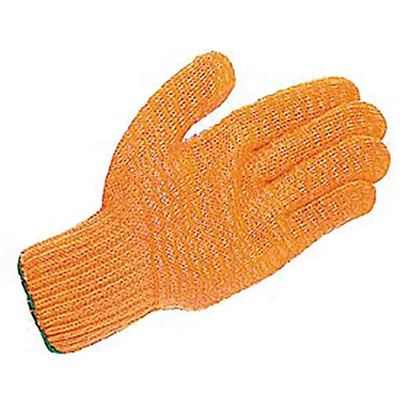 Bright orange criss-cross gloves hurricane with textured reinforced palm and green-trimmed wristband for tough jobs