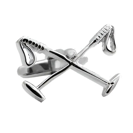Silver-toned metal cufflinks featuring two crossed golf clubs in an equestrian designed set ideal for mallets equestrian cufflinks