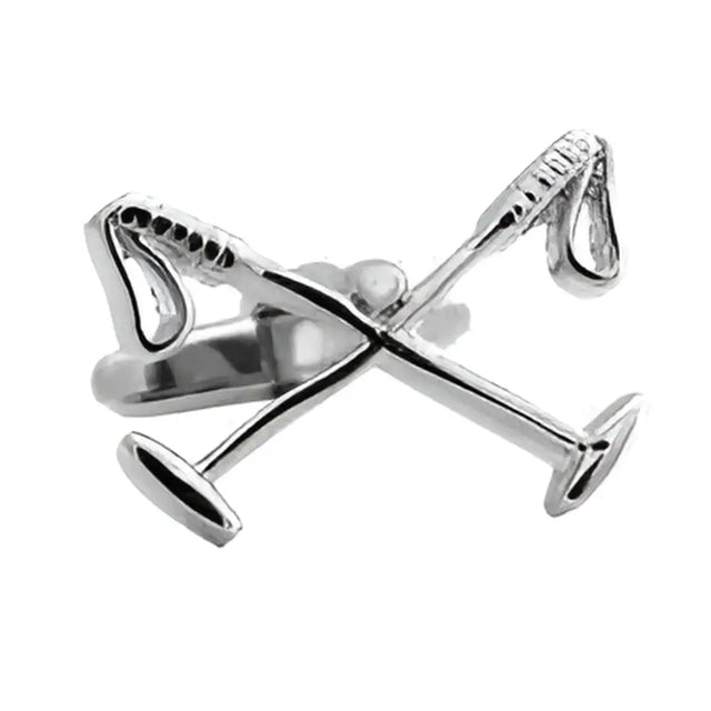 Silver-toned metal cufflinks with crossed golf clubs featuring detailed grips in a mallets equestrian cufflinks style