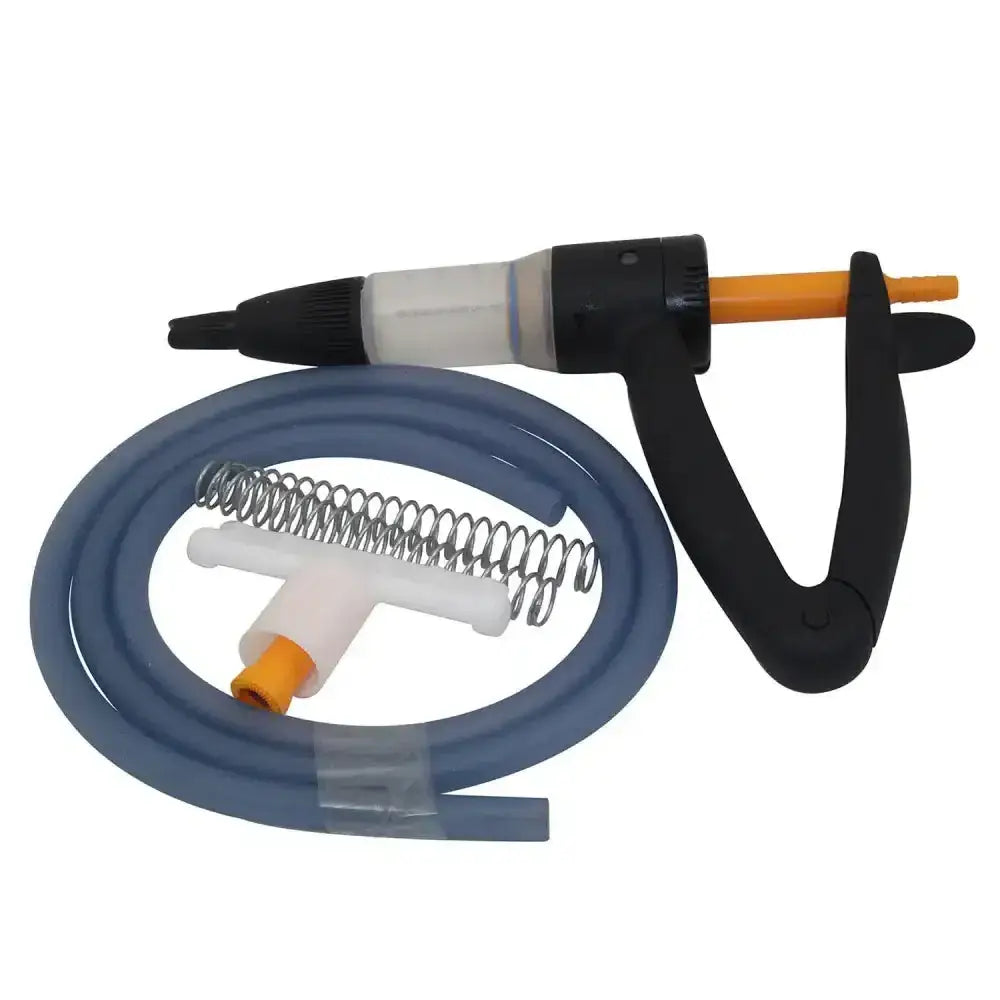 Black and orange handheld vacuum pump with blue hose and white connector for the crovect pour-on gun