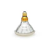 A clear glass curalux infrared par 38 bulb with gold-toned screw base and metallic interior for infrared light use
