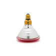 Curalux infrared par 38 bulb with red-tinted infrared light bulb and gold screw base in reflective silver housing