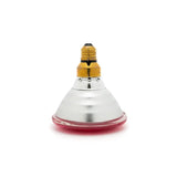 Curalux infrared par 38 bulb with red-tinted infrared light bulb and gold screw base in reflective silver housing