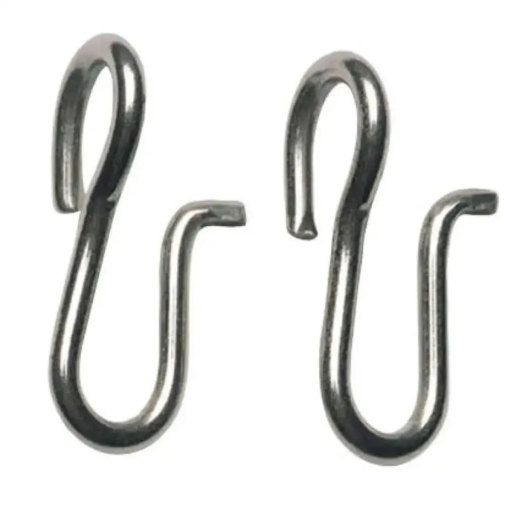 Two sleek metallic silver curb chain hooks with s-shaped design perfect for curb chain use