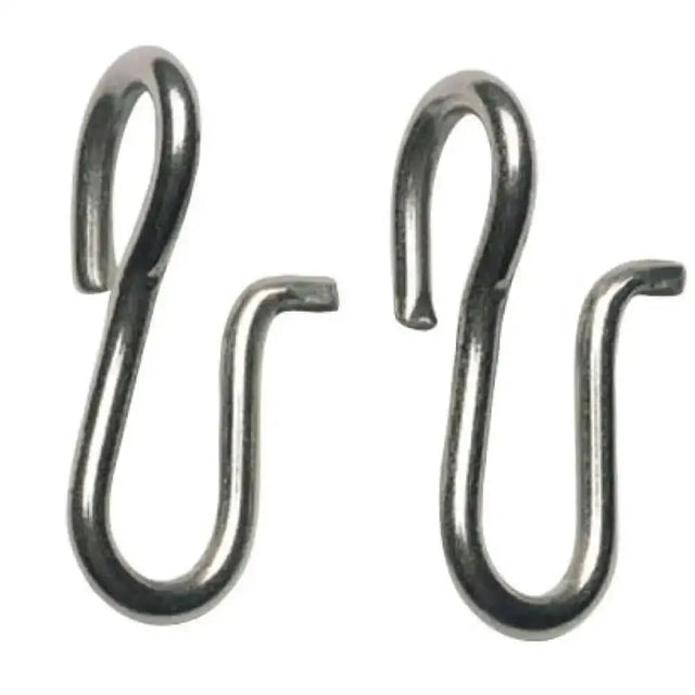 Two sleek metallic silver curb chain hooks with s-shaped design perfect for curb chain use