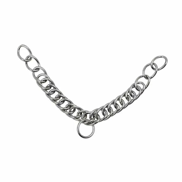 Silver-toned stainless steel curb chain with interlocking oval links and three circular rings for horse bits