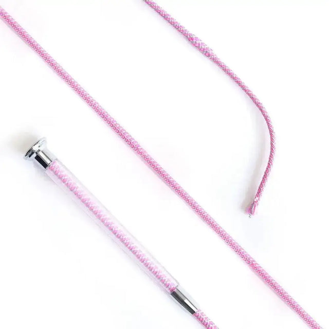 Pink braided cush grip schooling whip 110cm with clear plastic handle and silver metal ferrules for easy grip