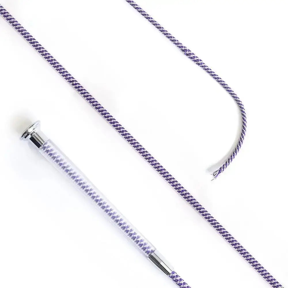 Purple and white braided cush grip schooling whip with clear plastic handle and silver metal ferrule 110cm