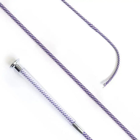 Purple and white braided cush grip schooling whip with clear plastic handle and silver metal ferrule 110cm