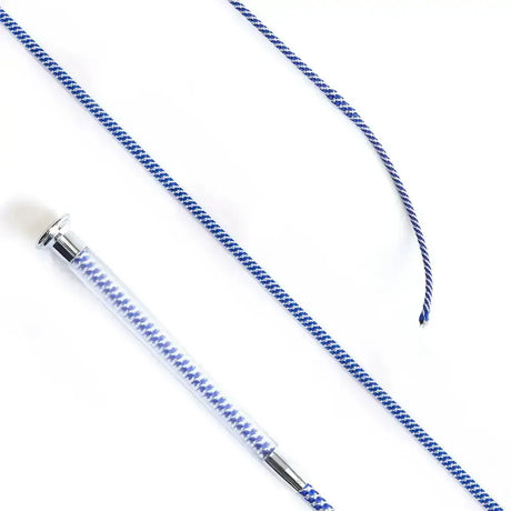 Blue and white braided cush grip schooling whip 110cm with clear plastic handle and silver metal ferrules royal blue