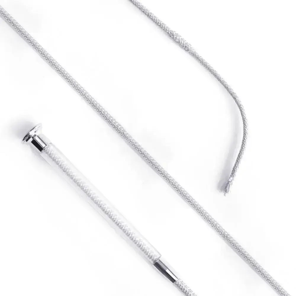 Silver cush grip schooling whip 110cm with clear plastic handle, silver braided body, and metallic ferrules