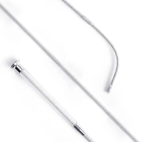Silver cush grip schooling whip 110cm with clear plastic handle, silver braided body, and metallic ferrules
