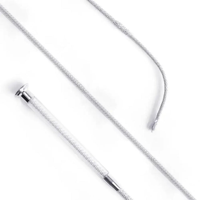 Silver cush grip schooling whip 110cm with clear plastic handle, silver braided body, and metallic ferrules