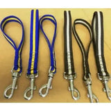 Blue and yellow reflective cushion air web short lead with silver metal clasp and handle loop for traffic control