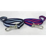Two striped padded leads with cushion web and handle loop in navy white and purple pink with silver metal clasps