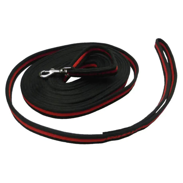 Black and red woven training lead with soft padded webbing and silver trigger clip for easy dog control