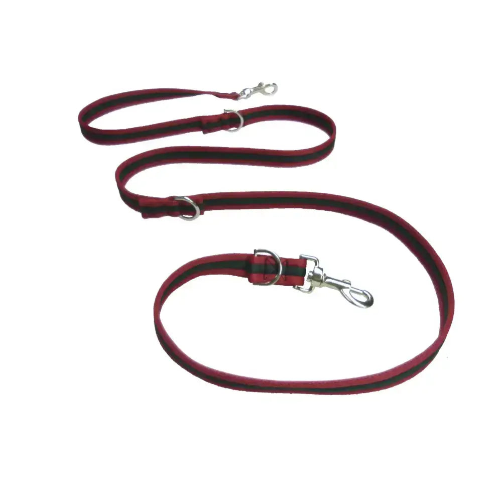 Maroon and black striped cushion web double ended training lead with silver metal air-web double hook hardware