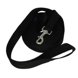 Black cushion web lunge rein made of fabric with silver metal clasp for easy dog training and control