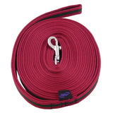 Maroon cotton cushion web lunge rein with green trim and silver metal clasp for secure lunge training