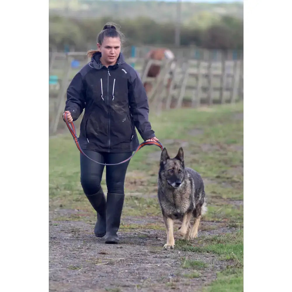Black waterproof jacket with white zipper accents featuring a handle loop and cushion web multi design for substantial trigger use