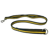 Black and yellow striped cushion web multi leash with handle loop and substantial trigger metal hardware