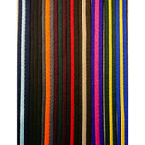 A cushion web slip lead with a 25cm loop handle made from colorful air-web slip fabric strips in navy, orange, red, and yellow