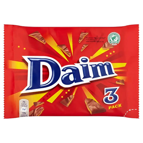 Daim bar 3 pack chocolate bars with broken pieces on red background featuring blue and white branding perfect for horses and equestrian fans