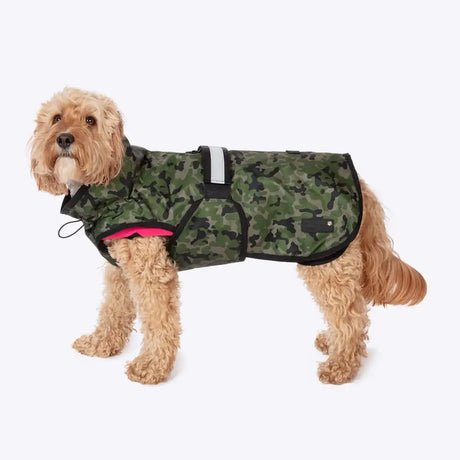 Green camouflage dog coat camo with black trim pink inner lining and funnel neck velcro straps by danish design