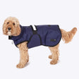 Navy blue dog coat with waterproof material, black trim, reflective stripe, funnel neck velcro straps danish design coat