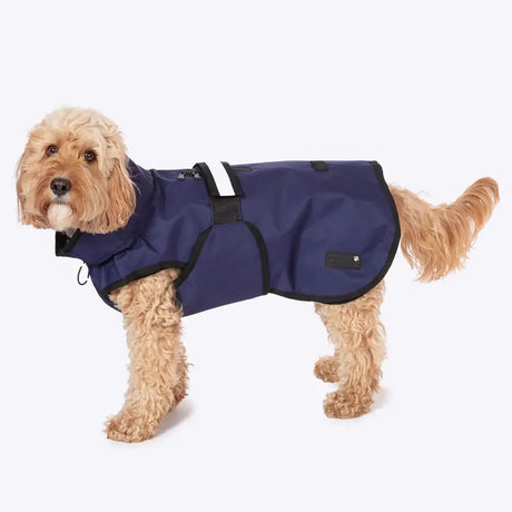 Navy blue dog coat with waterproof material, black trim, reflective stripe, funnel neck velcro straps danish design coat