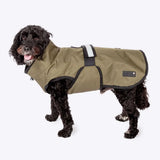 Olive green danish design coat dog coat olive with waterproof funnel neck velcro straps and reflective strip