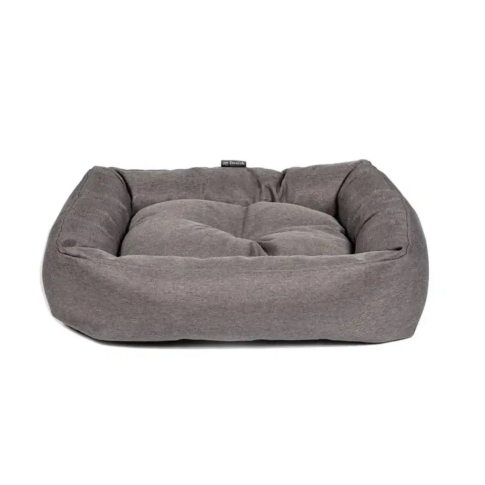 Gray plush rectangular dog bed with soft cushioned interior and sturdy fabric exterior danish design anti-bac snuggle bed grey