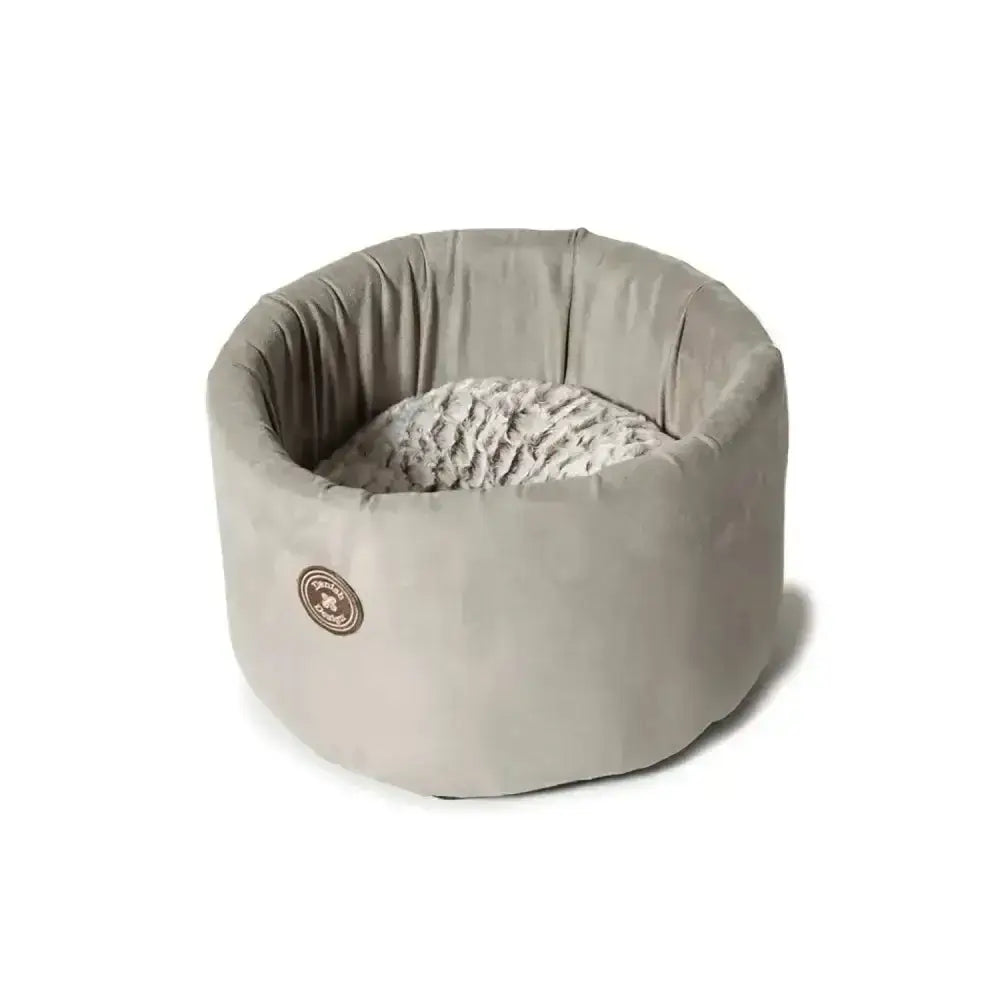 Beige plush cosy cat bed with soft textured inner lining from danish design arctic perfect for arctic cat cosy comfort