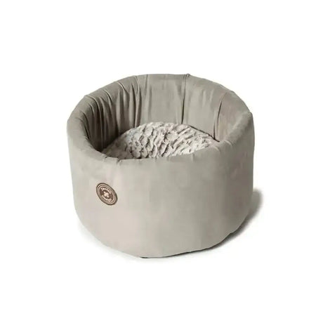 Beige plush cosy cat bed with soft textured inner lining from danish design arctic perfect for arctic cat cosy comfort