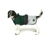 Dark green and light gray danish design battersea 2-in-1 dog coat green with black trim and diamond brand patch on side